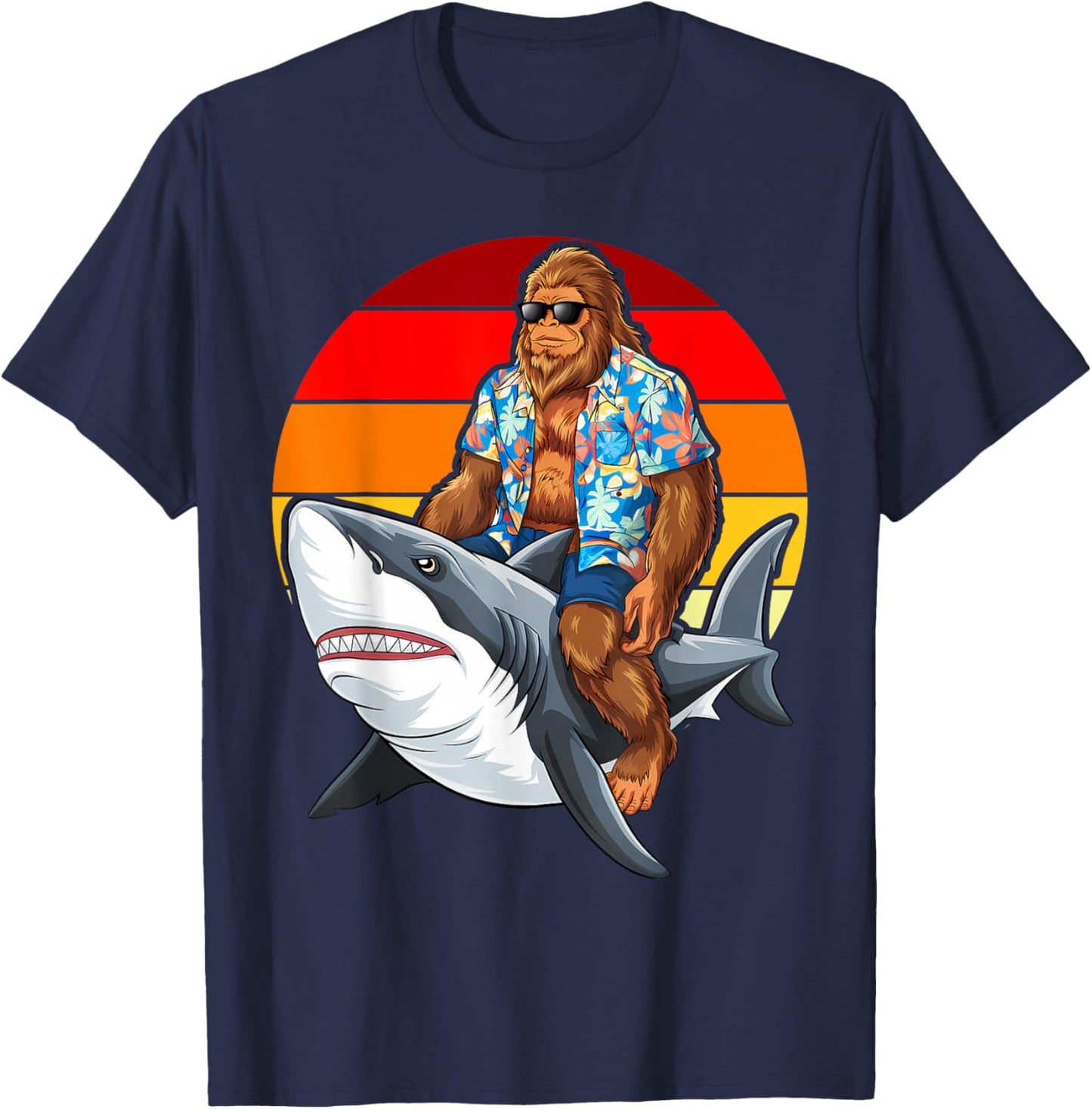 Bigfoot Riding Shark Funny Bigfoot Riding Shark Lover Beach T-Shirt - T-Shirt | Navy