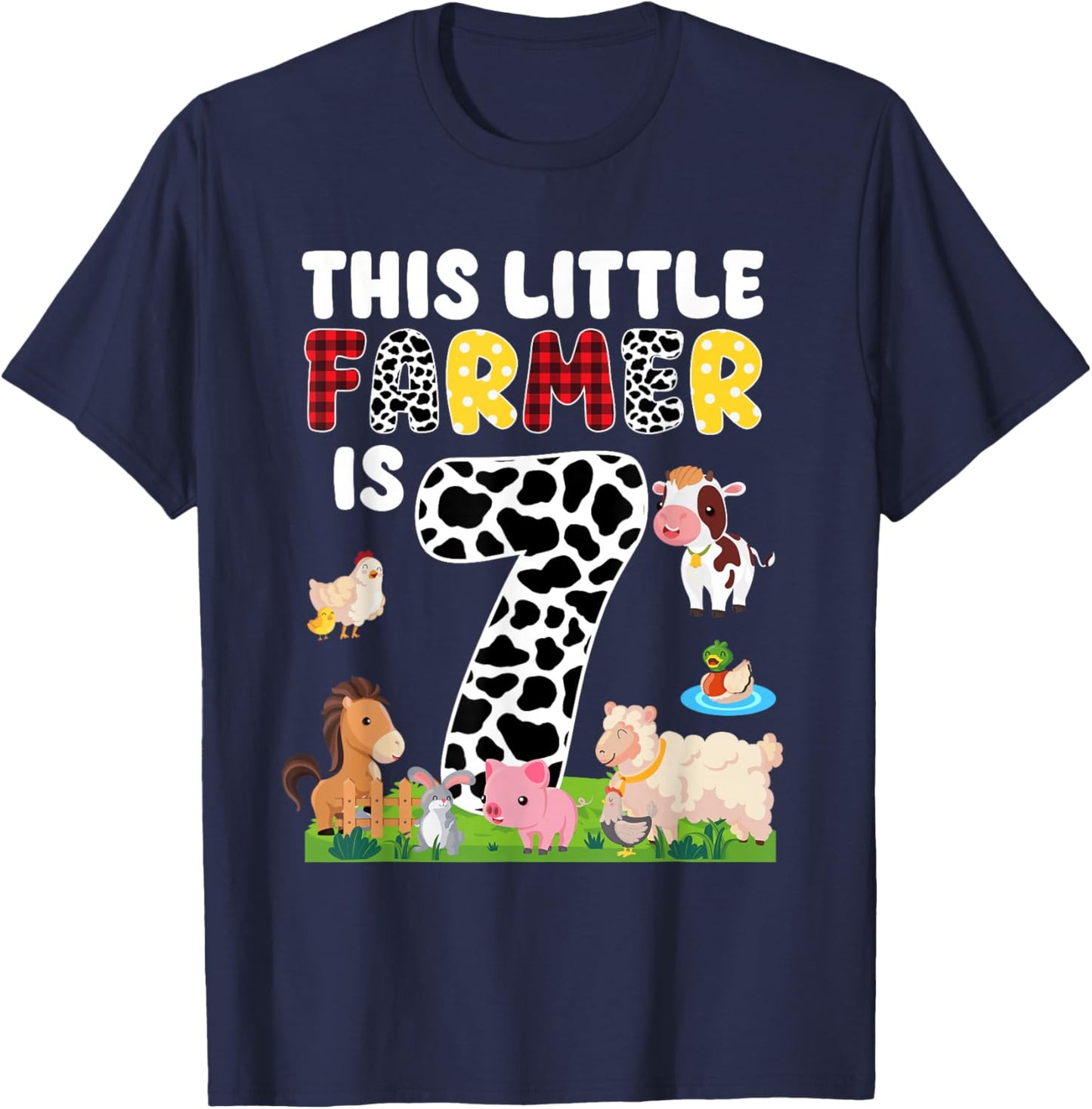 7 Year Old Farmer Birthday 7th Birthday Farm Themed Party T-Shirt - T-Shirt | Navy