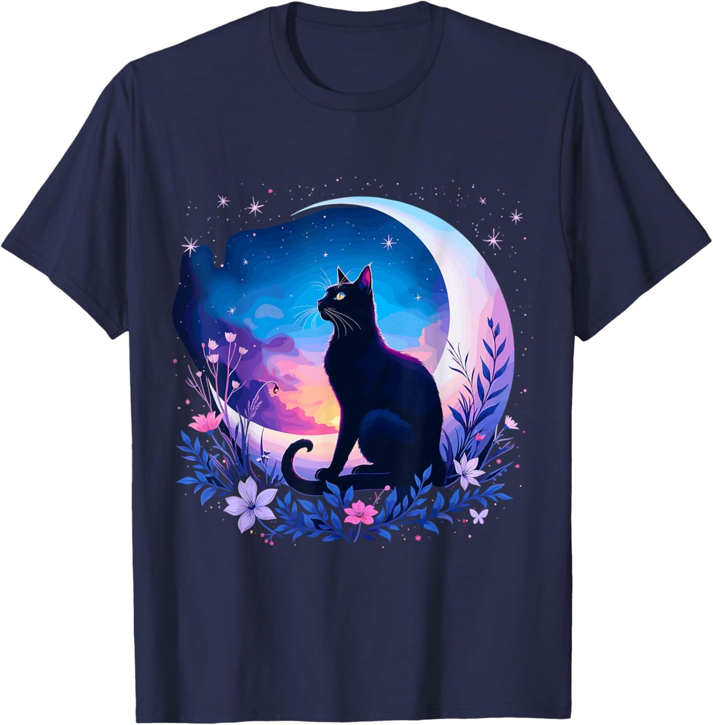 Cat Sitting Moon Celestial Night T-Shirt - T-Shirt | Navy
