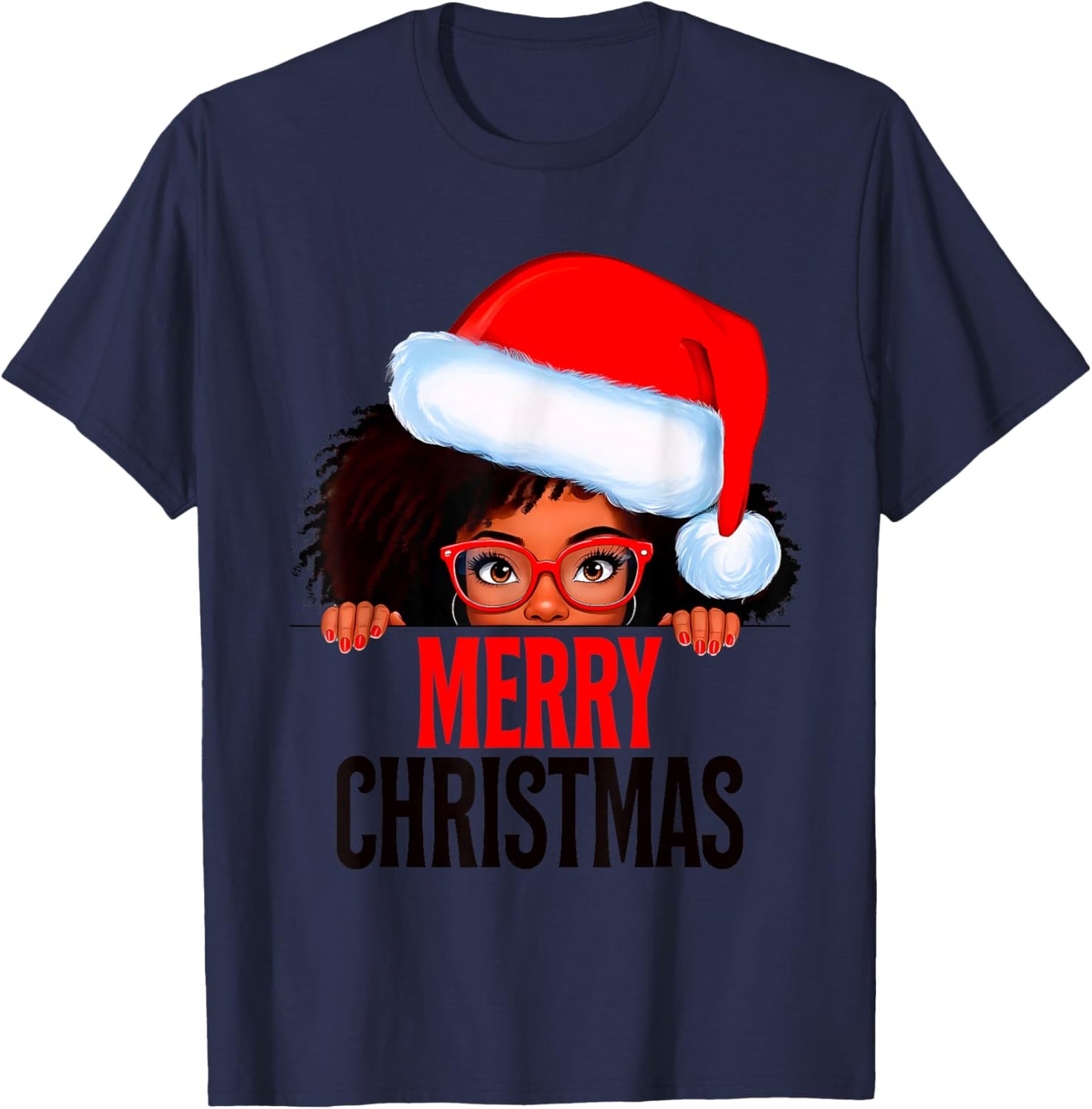Mrs. Claus Santa Melanin Christmas Black Peeking Claus T-Shirt - T-Shirt | Navy