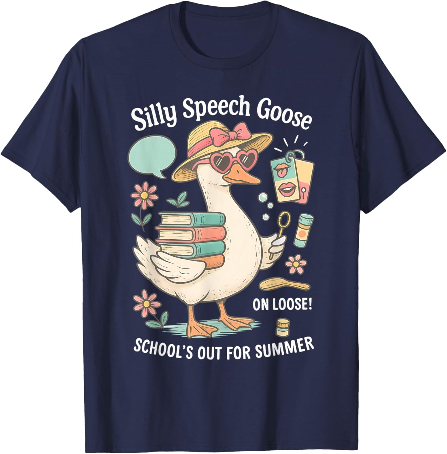 Silly Speech Goose On The Loose SLP School's Out for Summer T-Shirt - T-Shirt | Navy