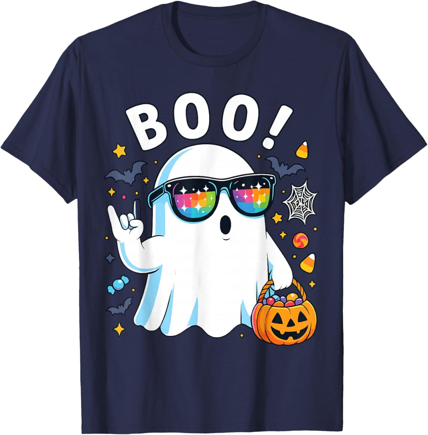 Rock Ghost Retro Pumpkin Boo Funny Halloween Shirt T-Shirt - T-Shirt | Navy