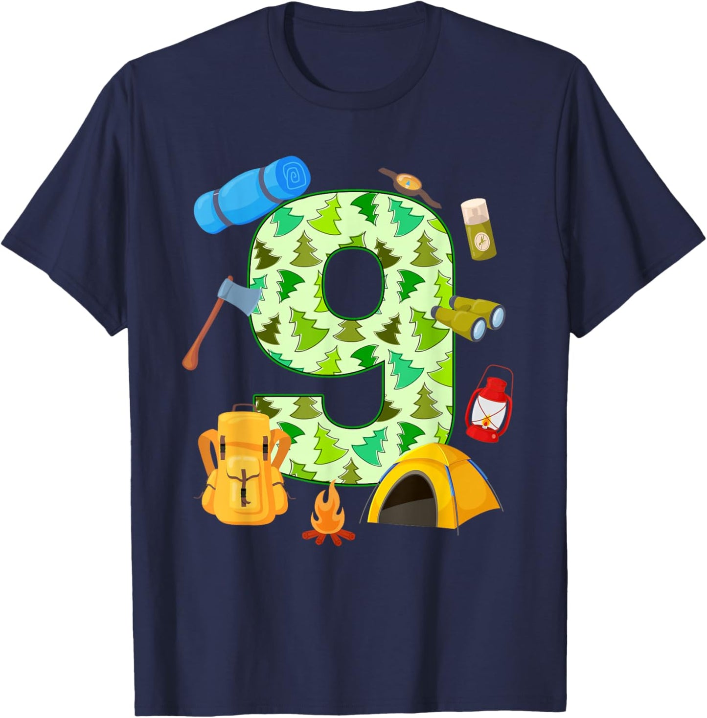 9th Birthday Camping Theme 9 Year Old Birthday Kids T-Shirt - T-Shirt | Navy