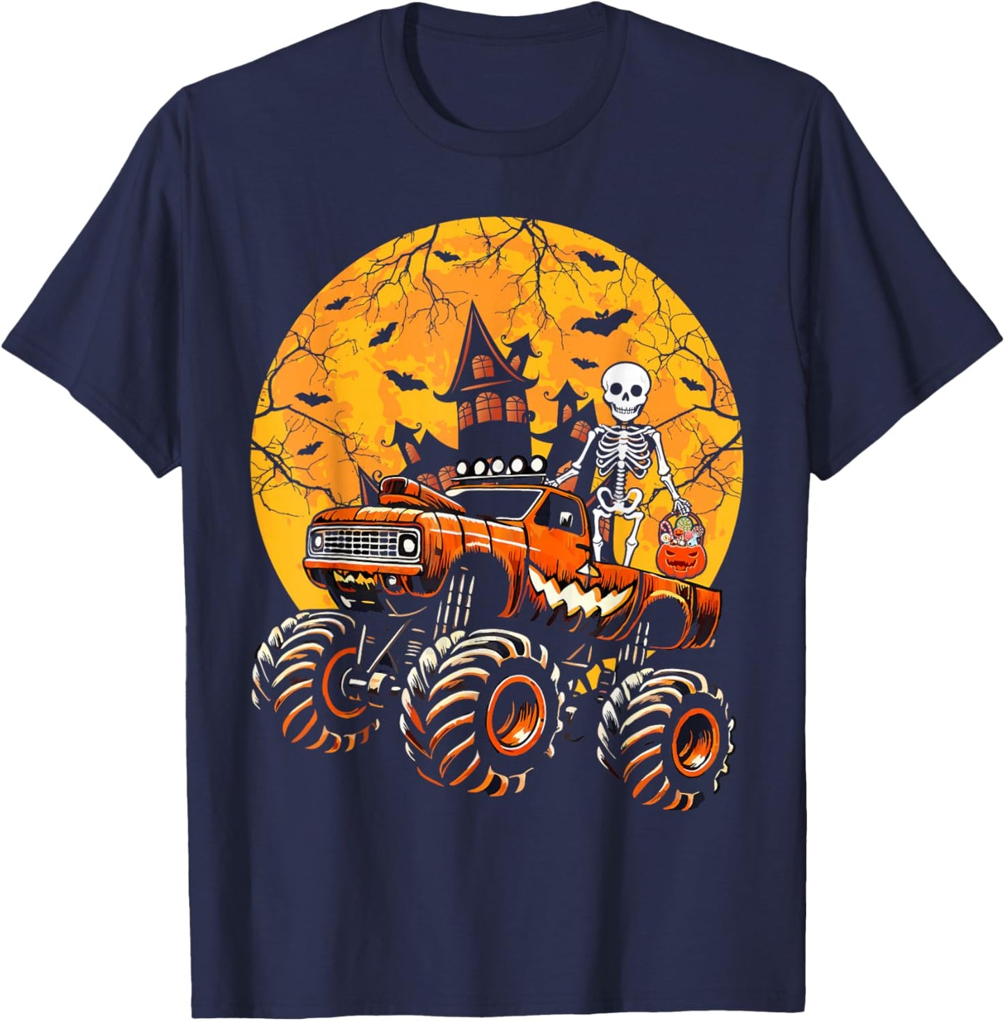 Halloween Skeleton Riding Monster Truck Pumpkin Boys Kids T-Shirt - T-Shirt | Navy
