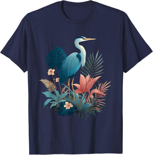 Blue Heron Floral Wildflower Bird Watching Birdwatcher T-Shirt - T-Shirt | Navy