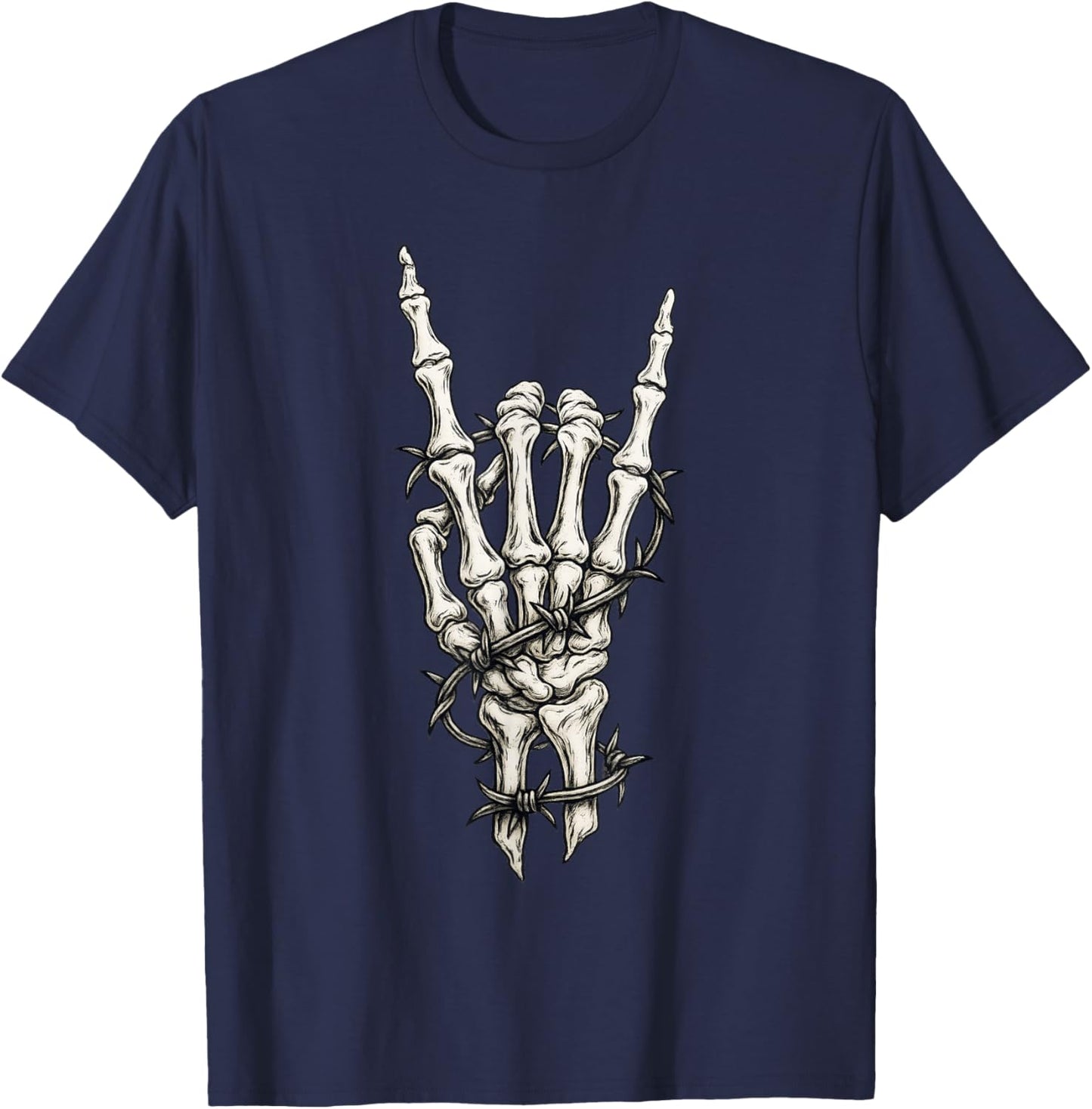 Rock On Skeleton Hand Punk Gifts Rock and Roll Band Graphic T-Shirt - T-Shirt | Navy