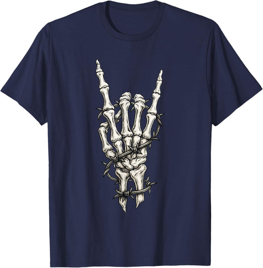 Rock On Skeleton Hand Punk Gifts Rock and Roll Band Graphic T-Shirt - T-Shirt | Navy