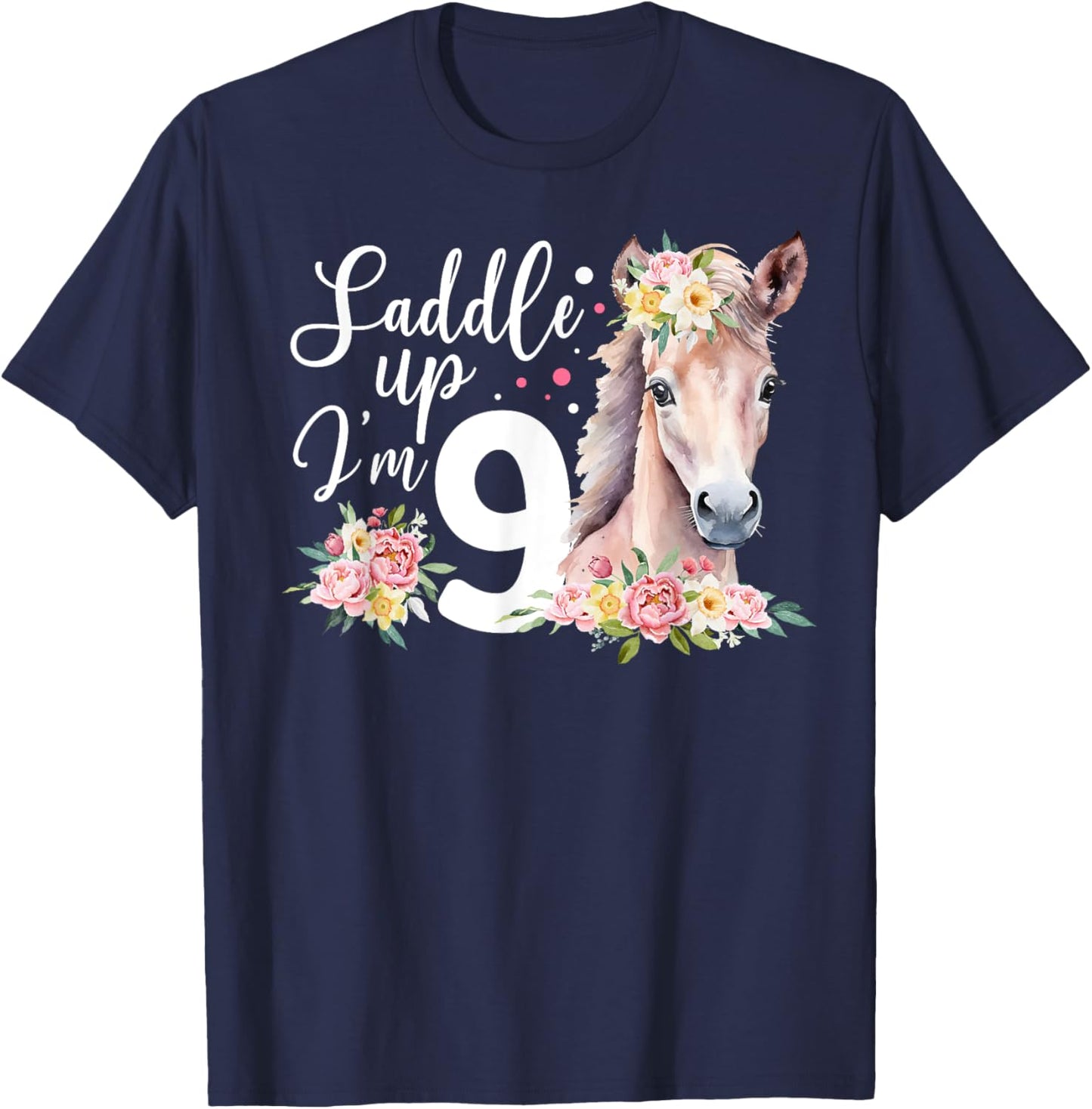 9th Horse Birthday Nine Year Old Girl Horses Birthday T-Shirt - T-Shirt | Navy