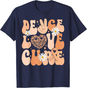 Retro Groovy Peace Love Cure Uterine Cancer Awareness Month T-Shirt - T-Shirt | Navy