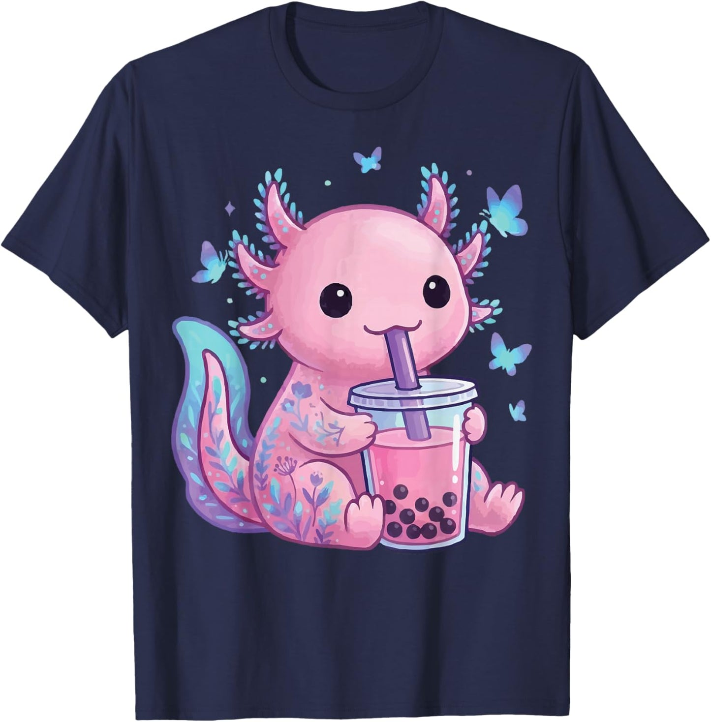 Axolotl Drinking Boba Milk Tea T-Shirt - T-Shirt | Navy