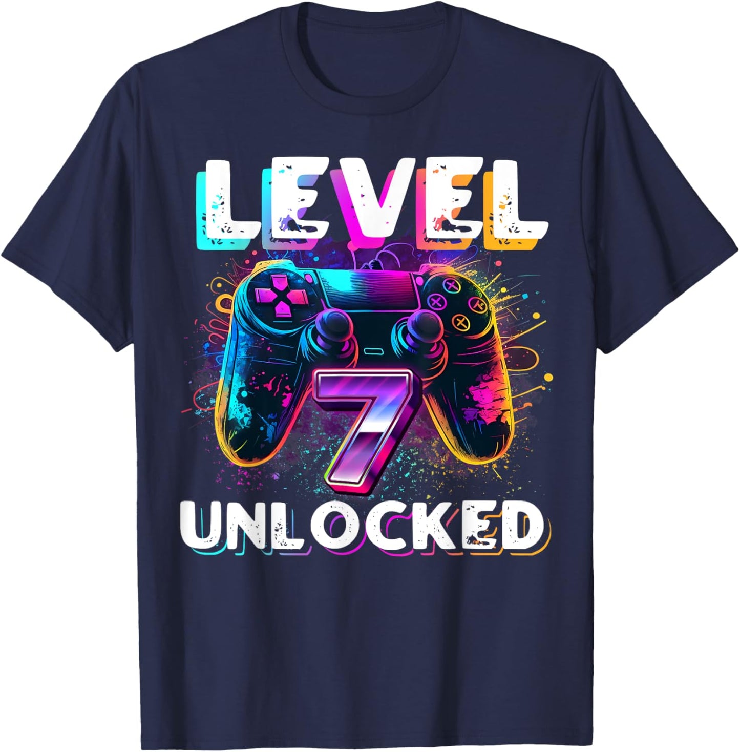 Level 7 Unlocked Shirt Funny Video Gamer 7th Birthday Gift T-Shirt - T-Shirt | Navy