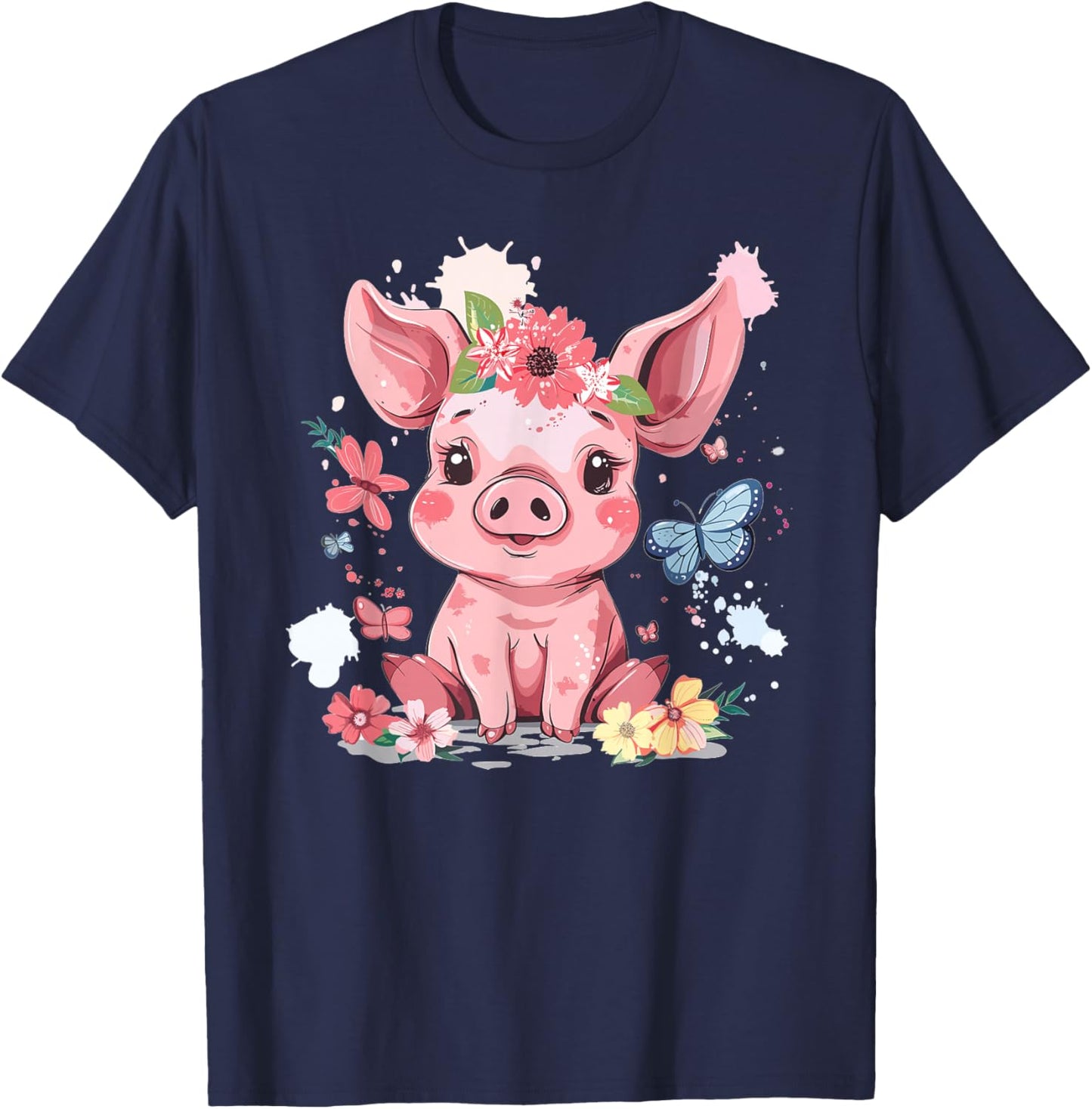 Cute Pig With Flowers I Kids Pig T-Shirt - T-Shirt | Navy