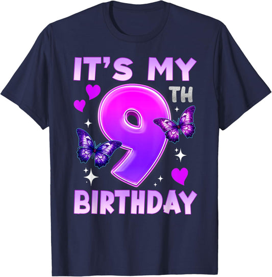 9th Birthday Butterfly Nine Bday 9 Year Old Birthday Girl T-Shirt - T-Shirt | Navy