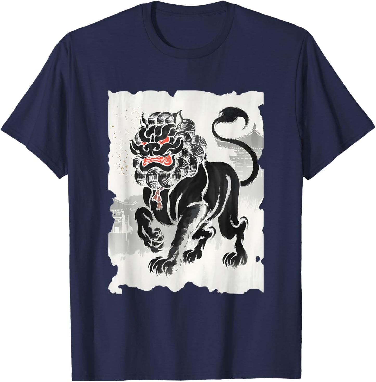 Komainu Sumi-e Graphic - Vintage Japanese Art Lion-Dog T-Shirt - T-Shirt | Navy