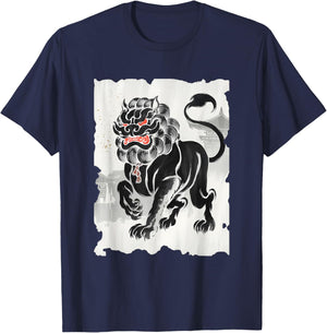 Komainu Sumi-e Graphic - Vintage Japanese Art Lion-Dog T-Shirt - T-Shirt | Navy