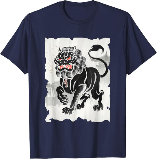 Komainu Sumi-e Graphic - Vintage Japanese Art Lion-Dog T-Shirt - T-Shirt | Navy