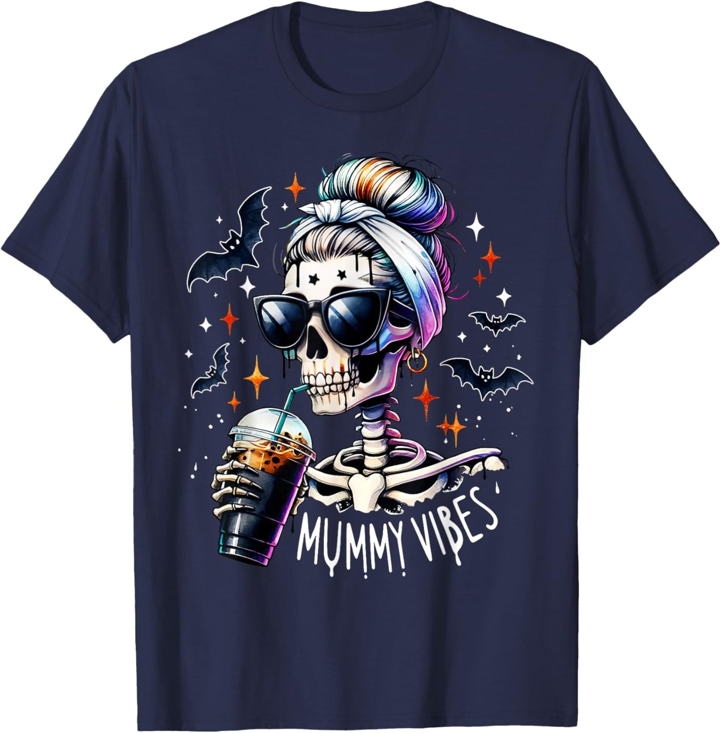 Mummy Vibes Skeleton Coffee Mom Spooky Season Halloween T-Shirt - T-Shirt | Navy