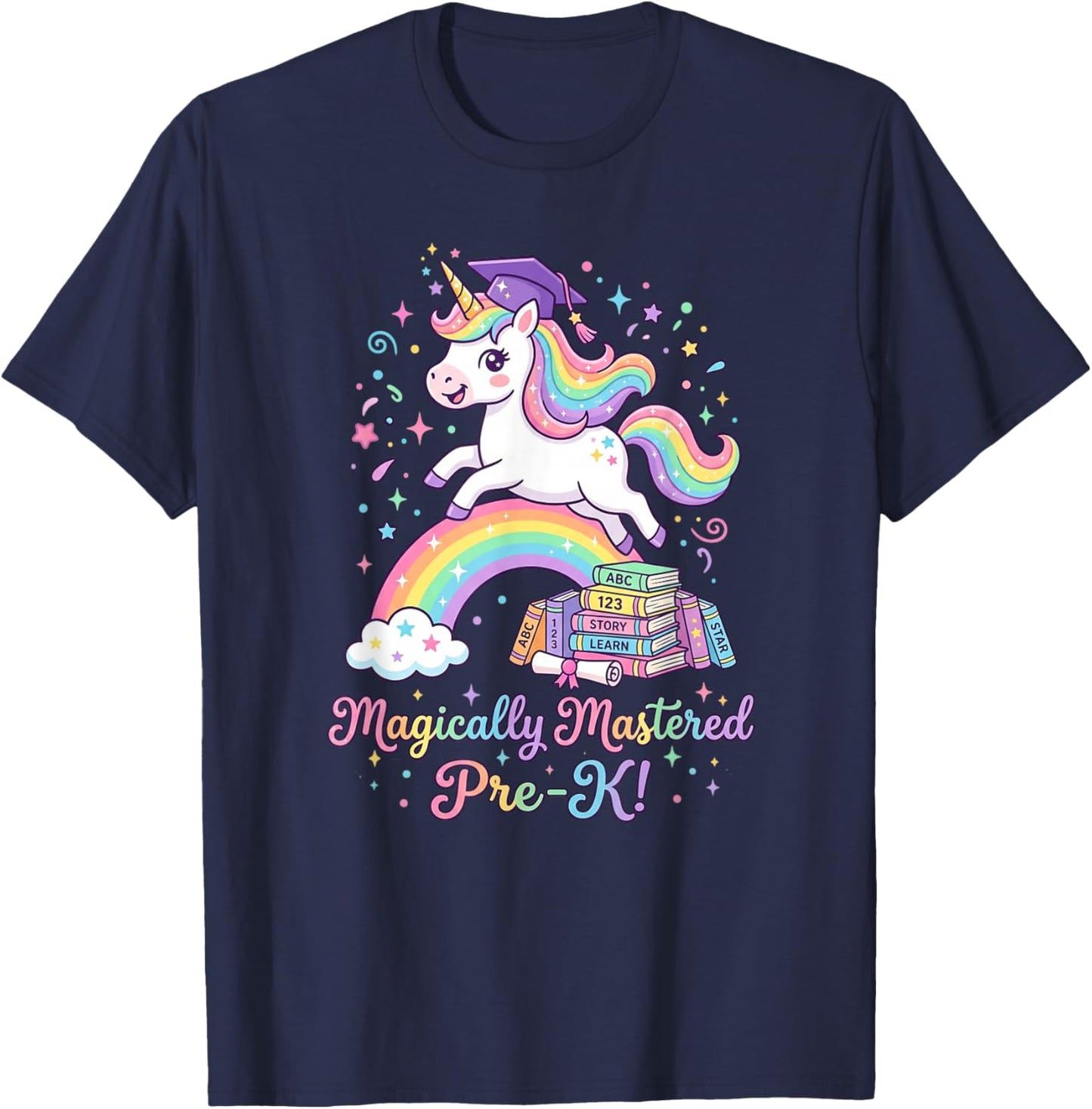 Pre-K Graduation Unicorn Rainbow Magically Mastered Pre-K T-Shirt - T-Shirt | Navy