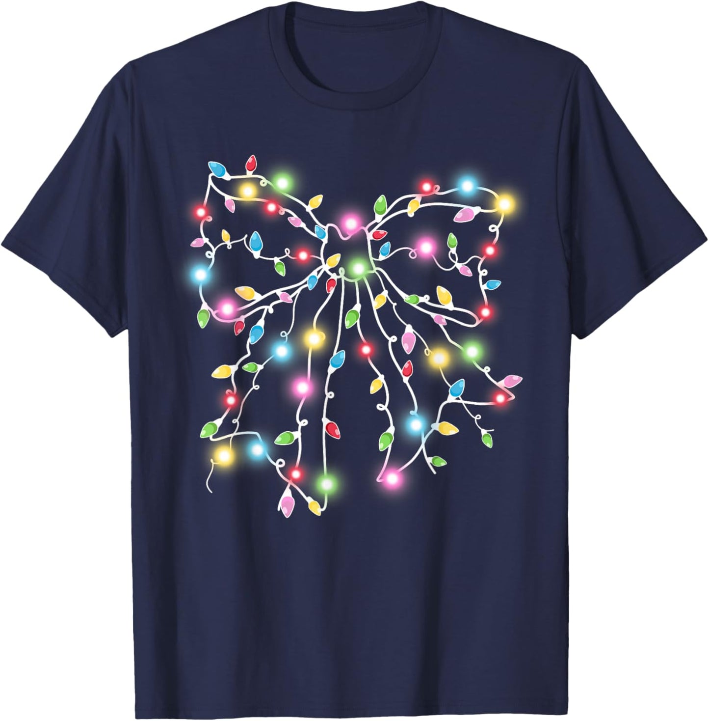 Colorful Christmas Lights Coquette Bow Holiday Women Girls T-Shirt - T-Shirt | Navy
