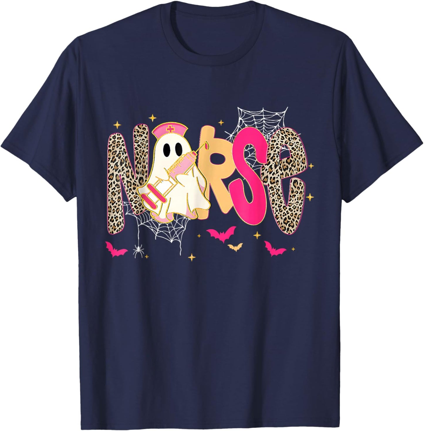 Leopard Spooky Nurse Halloween Fall Ghost Boo Funny Nursing T-Shirt - T-Shirt | Navy