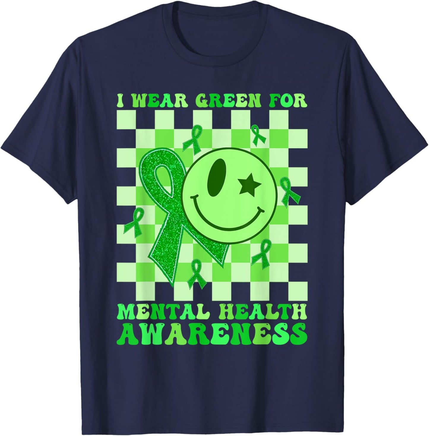 Retro Groovy Green I Wear Green Mental Health Awareness T-Shirt - T-Shirt | Navy