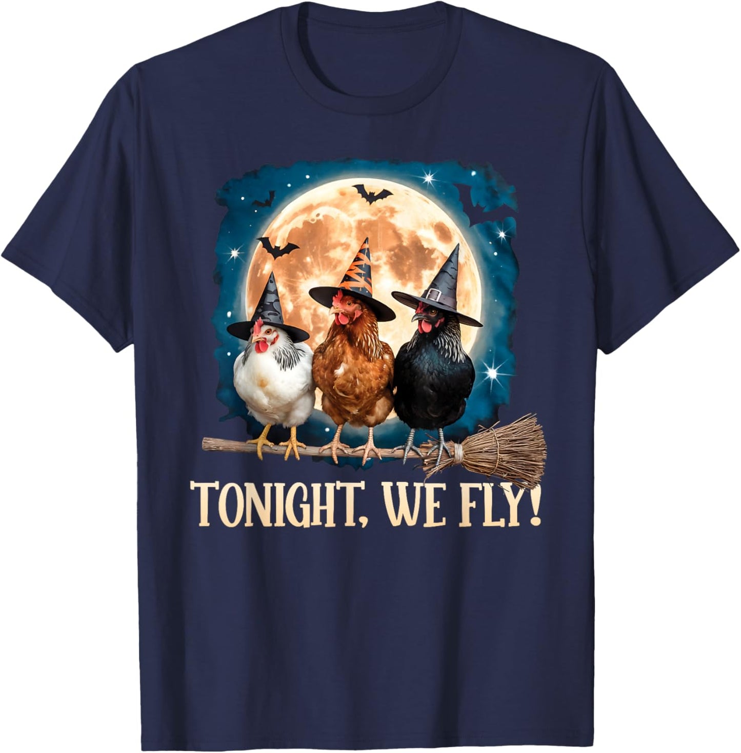 Tonight We Fly Moon Bat Funny Spooky Chicken Witch Halloween T-Shirt - T-Shirt | Navy