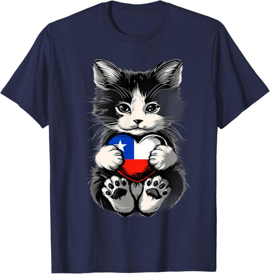 Chile Cat Chilean Pride Chilean Roots Heart Chilean Flag T-Shirt - T-Shirt | Navy