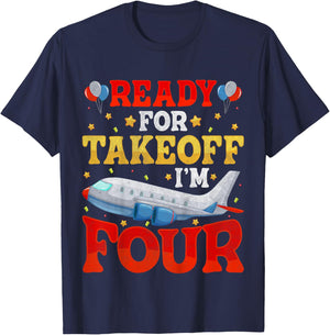 Ready For Takeoff I'm 4 Airplane Four Years Old 4th Birthday T-Shirt - T-Shirt | Navy