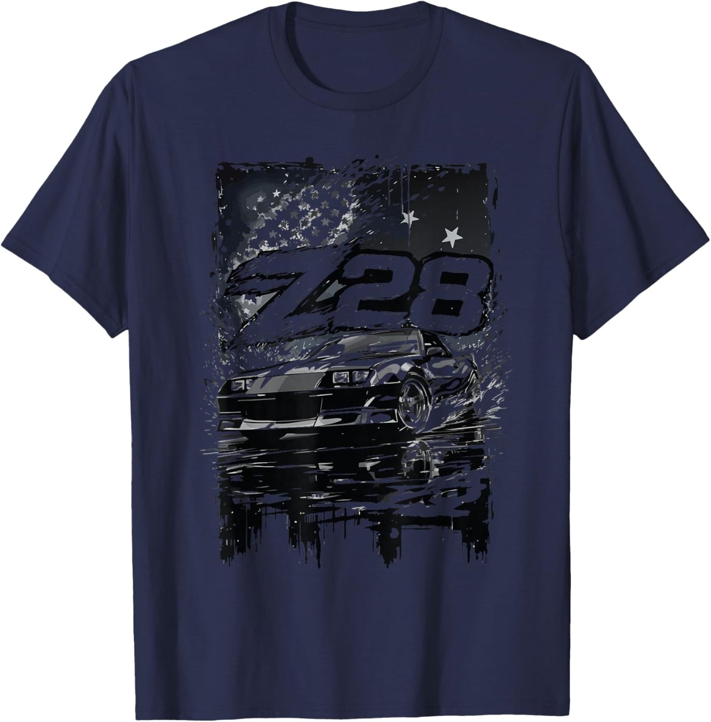 Z28 Muscle Car American Flag Racing IROC Z Silhouette T-Shirt - T-Shirt | Navy