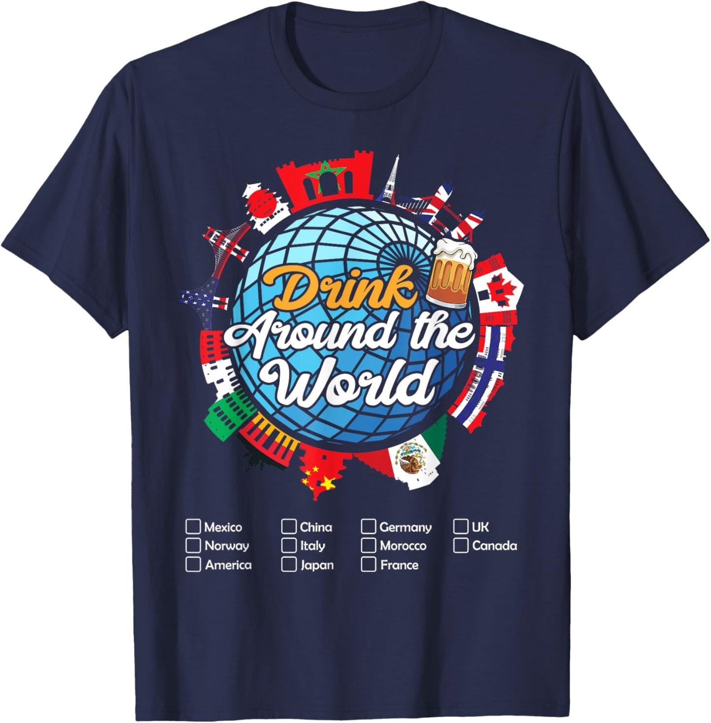 Beverage Drinks Beer Wine Mexico France Norway Adult Vacation Drinking Countries International National , Small, Black T-Shirt - T-Shirt | Navy