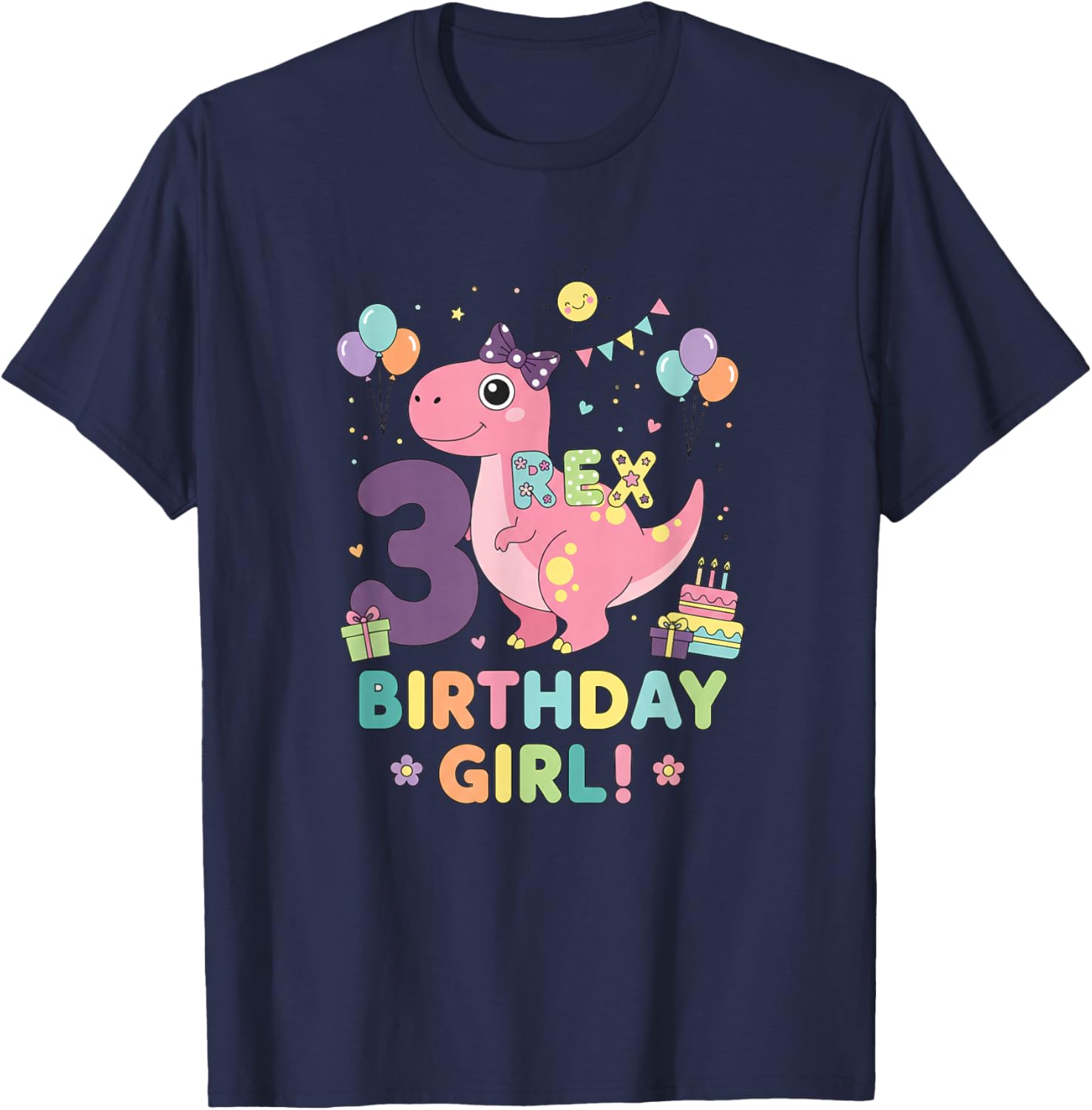 Mythical & Prehistoric Pink 3rd Birthday Girl Dino 3rd T-Shirt - T-Shirt | Navy