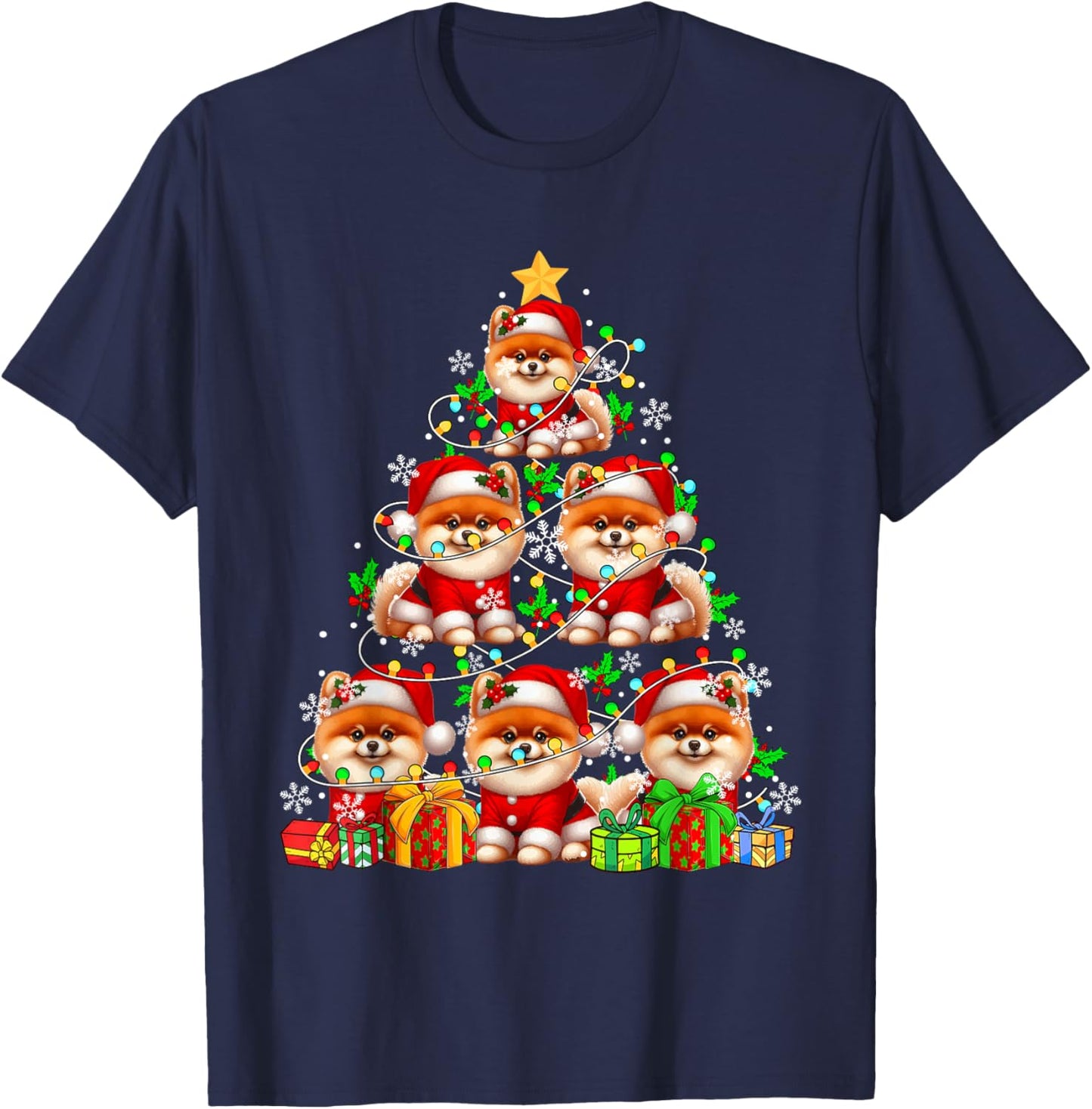 Group Santa Pomeranians As Xmas Tree Colorful Lights Owner T-Shirt - T-Shirt | Navy