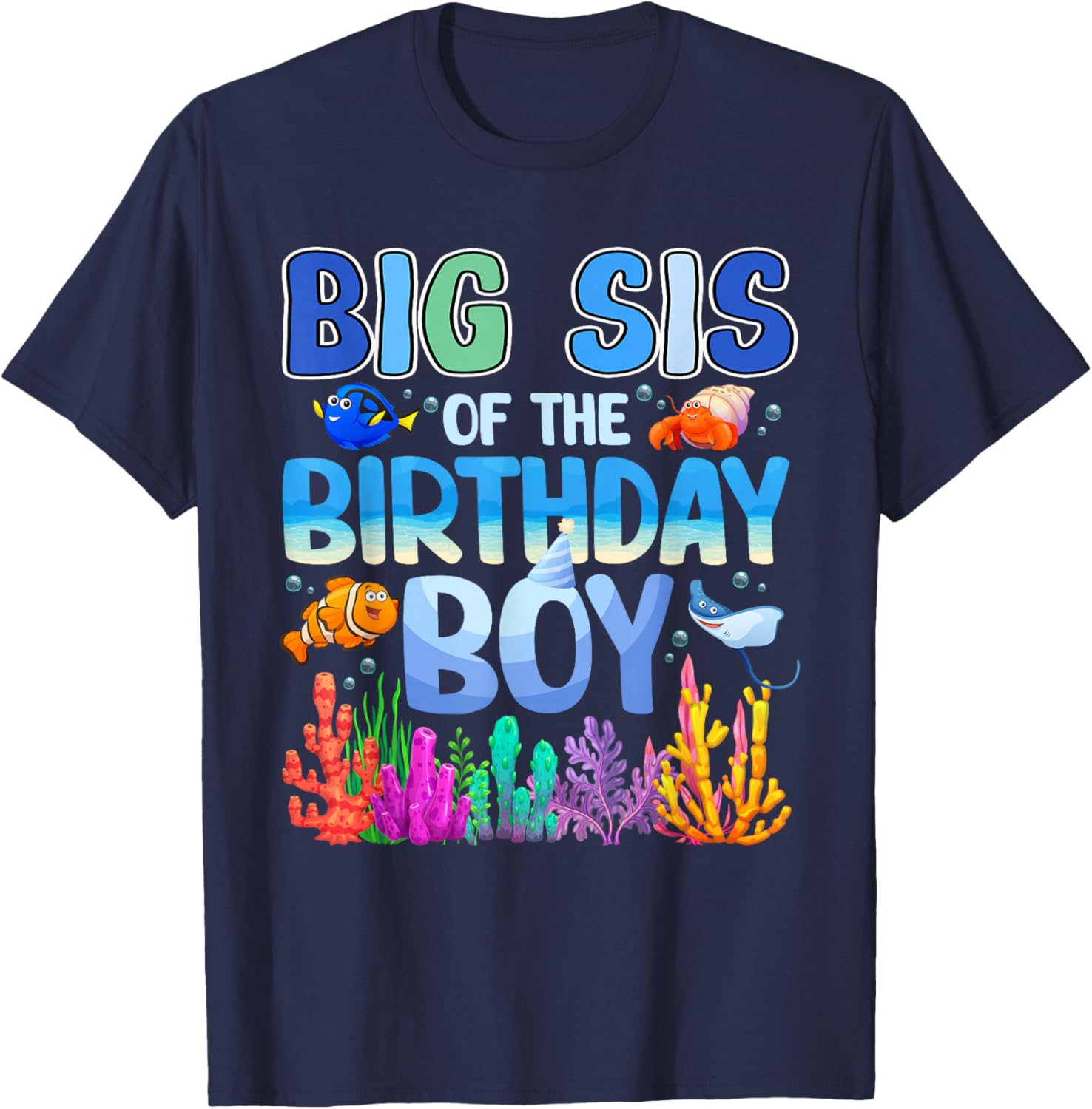 Big Sis of The Birthday Boy Aquarium Sea Animals Matching T-Shirt - T-Shirt | Navy