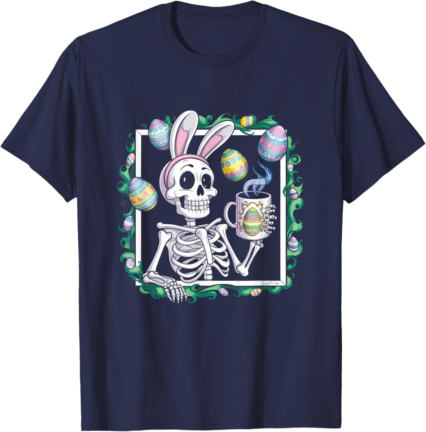 Happy Easter Skeleton Wearing Bunny Ear Drink Coffee Eggs T-Shirt - T-Shirt | Navy