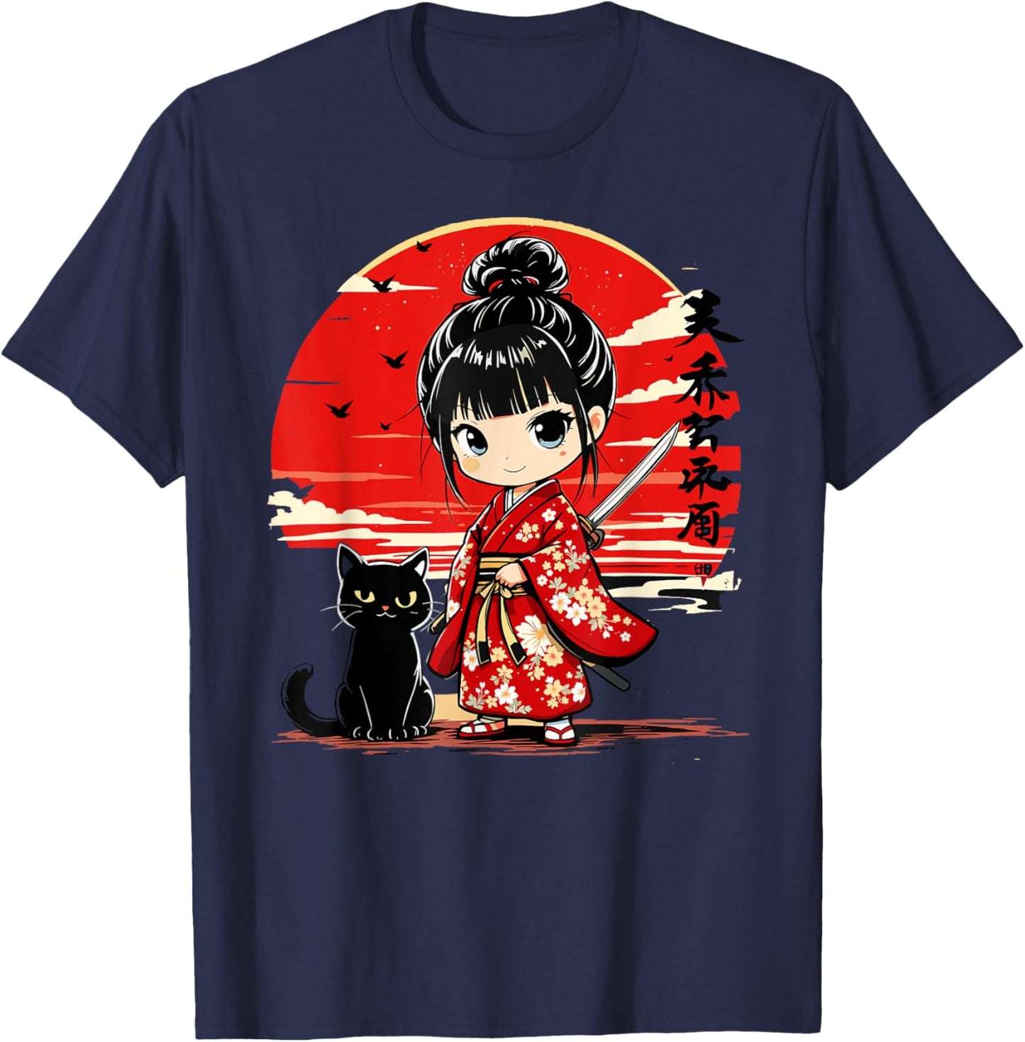 Cute Kawaii Samurai Girl and Cat Japanese Anime Kids Girls T-Shirt - T-Shirt | Navy