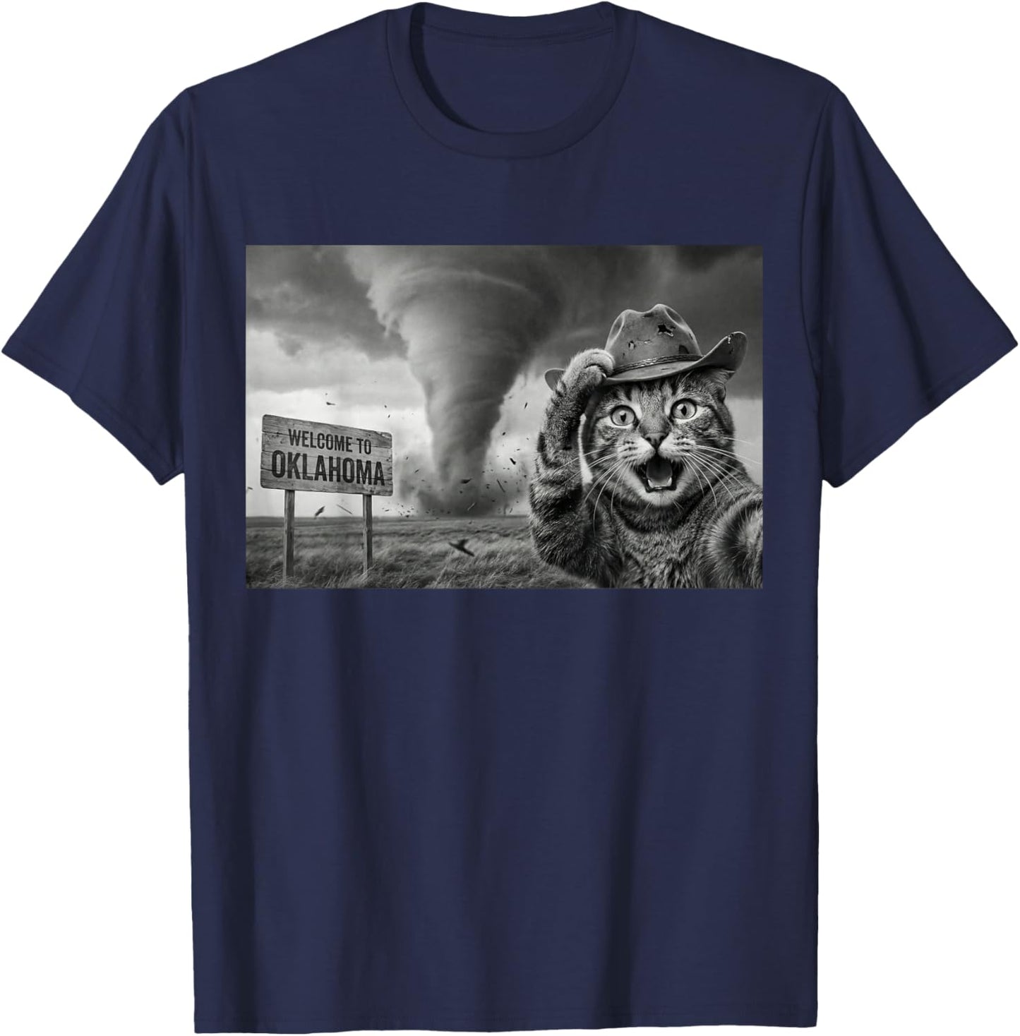 Funny Cat Selfie Tornado Oklahoma Storm Chaser Cowboy Hat T-Shirt - T-Shirt | Navy