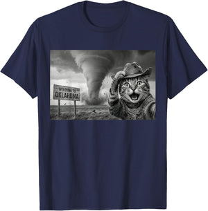 Funny Cat Selfie Tornado Oklahoma Storm Chaser Cowboy Hat T-Shirt - T-Shirt | Navy
