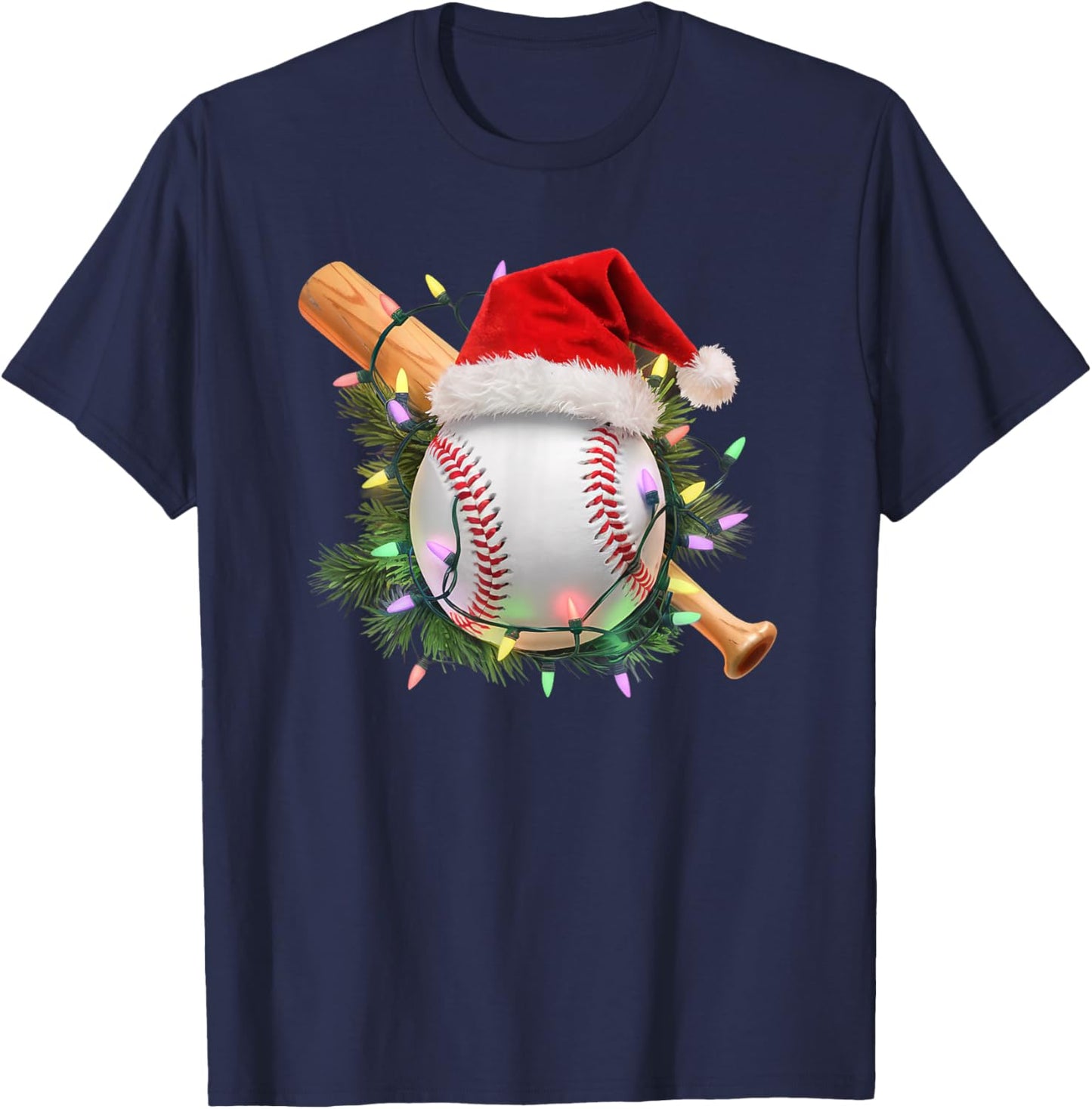 Christmas Baseball Santa Hat Holiday Lights Sports Fans T-Shirt - T-Shirt | Navy