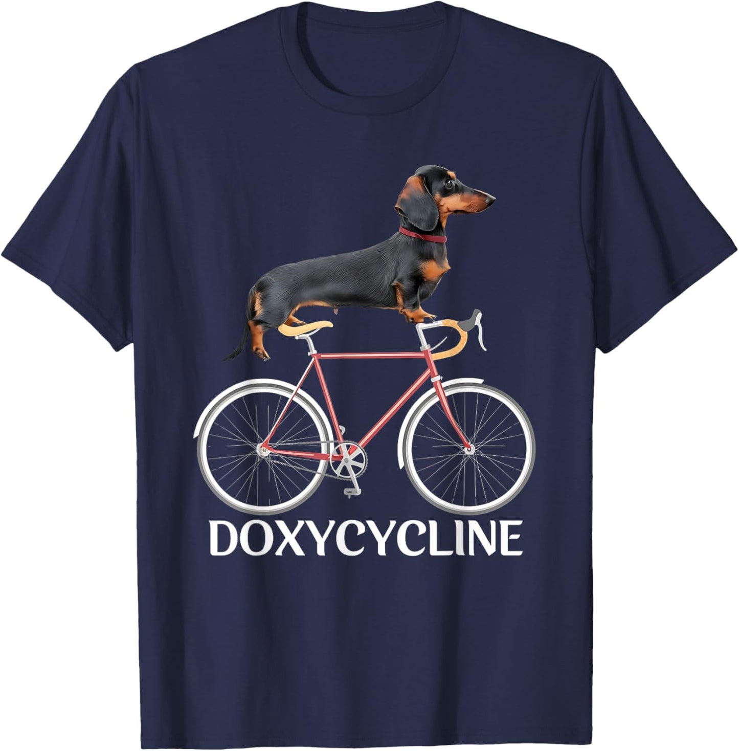 Dachshund on Bicycle Doxycycline Pharmacy Pun Dog Pharmacist T-Shirt - T-Shirt | Navy