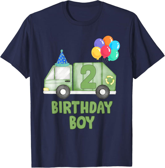 Garbage Truck Birthday Boy Girl Trash Truck 2nd Birthday T-Shirt - T-Shirt | Navy