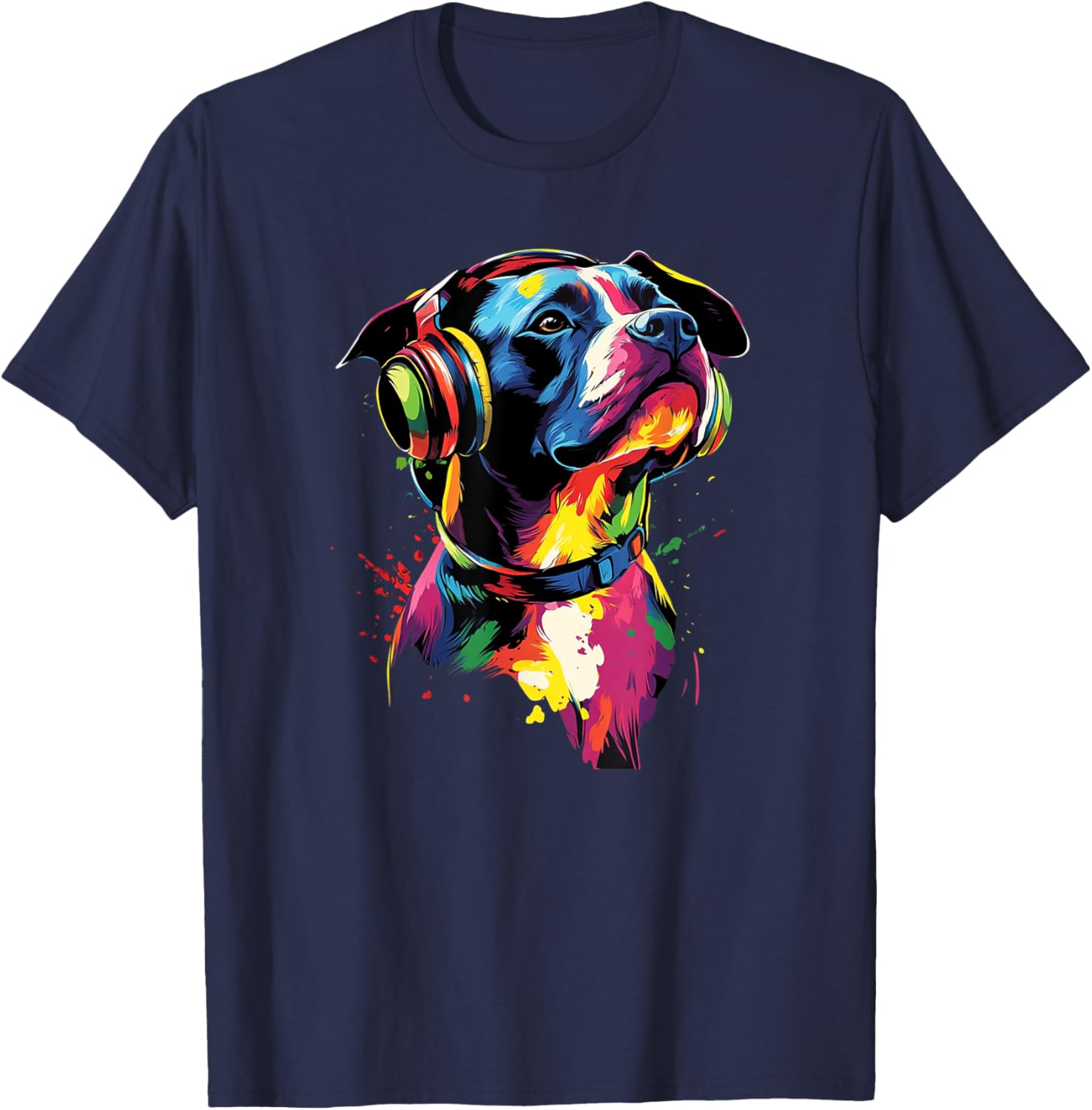 Artistic Colorful American Pit Bull Headphones Dog Pitbull Men Women Kids T-Shirt - T-Shirt | Navy