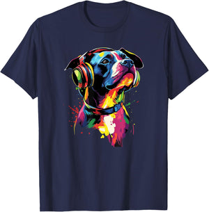 Artistic Colorful American Pit Bull Headphones Dog Pitbull Men Women Kids T-Shirt - T-Shirt | Navy