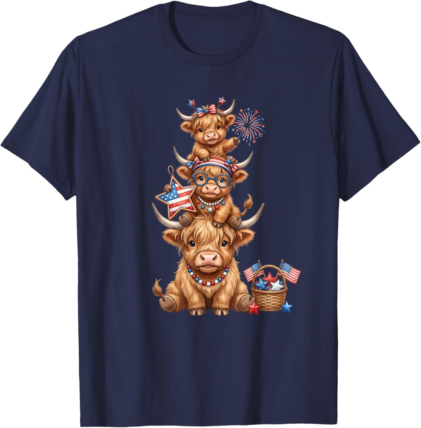 Cute Highland Cow 4th of July Patriotic American Flag T-Shirt - T-Shirt | Navy