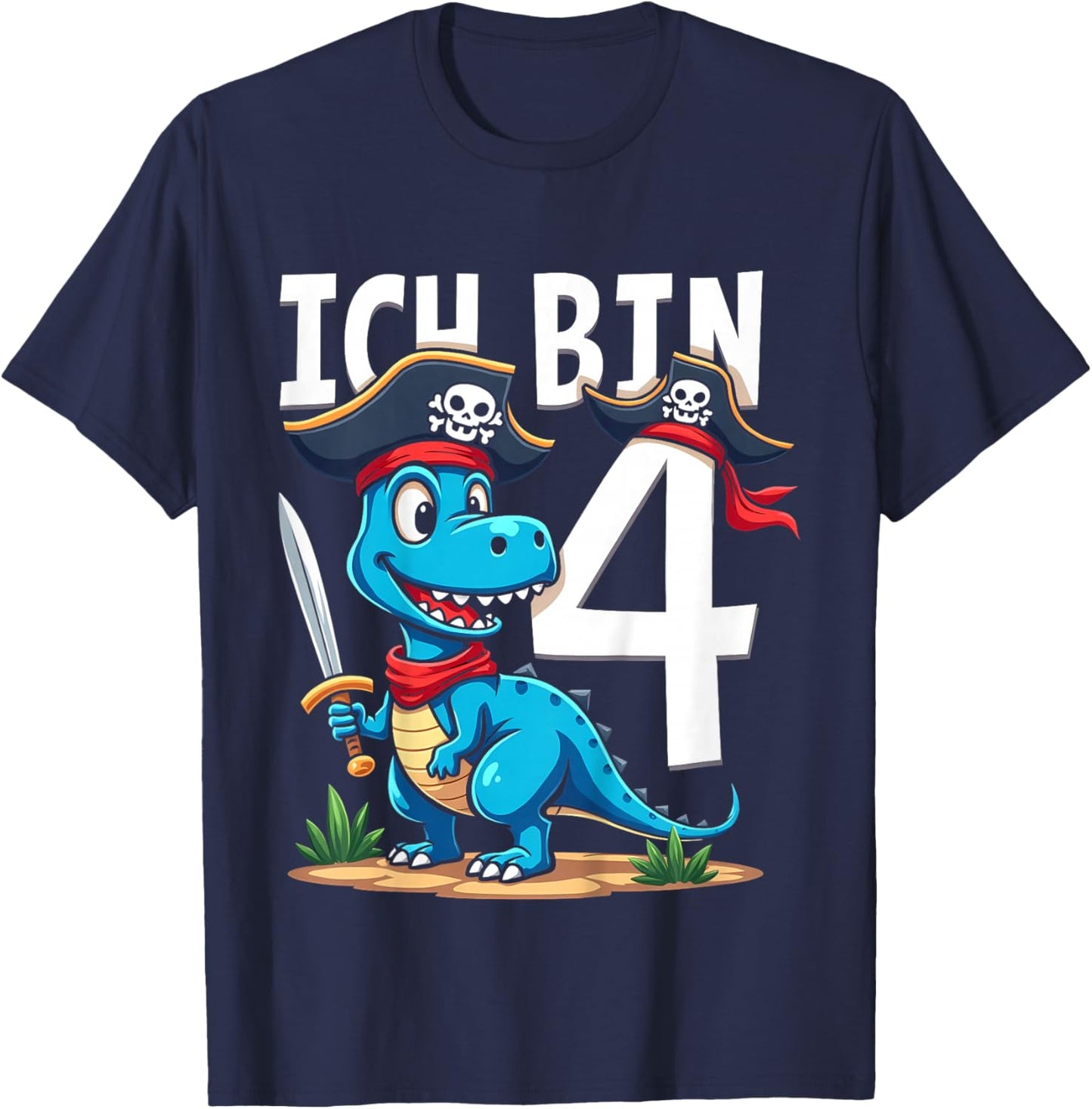 Children's 4th Birthday Pirate Decoration 4 Years Boy Outfit Pirate Dino , black T-Shirt - T-Shirt | Navy