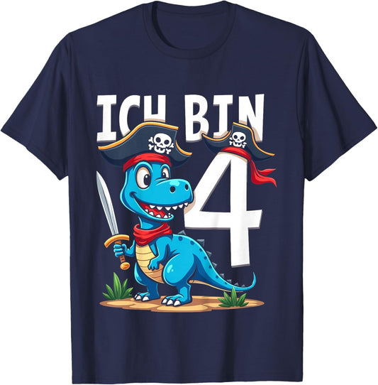 Children's 4th Birthday Pirate Decoration 4 Years Boy Outfit Pirate Dino , black T-Shirt - T-Shirt | Navy
