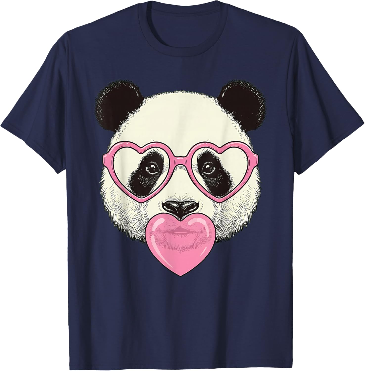 Cute Panda Blowing Pink Valentine Heart Bubble Gum T-Shirt - T-Shirt | Navy