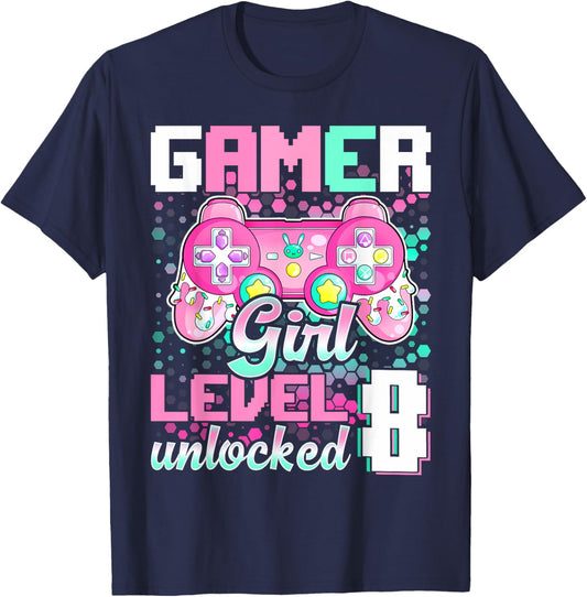 8th Birthday Gift Gamer Girl Level 8 Unlocked Video Game T-Shirt - T-Shirt | Navy