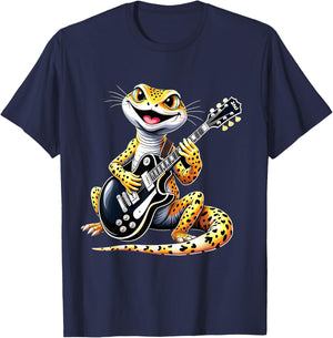 Funny Leopard Gecko Playing Electric Guitar Music Lovers T-Shirt - T-Shirt | Navy