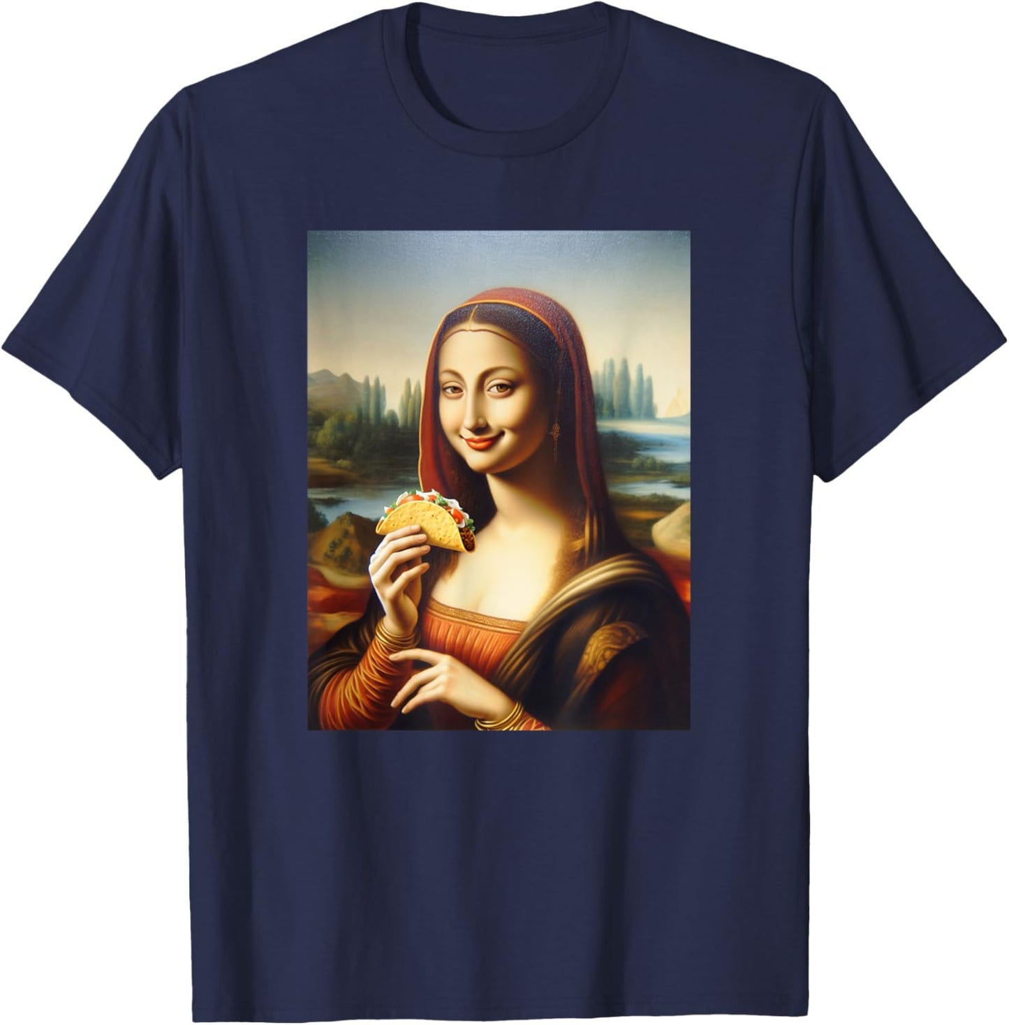 Happy Mona Lisa Holding A Taco Funny T-Shirt - T-Shirt | Navy
