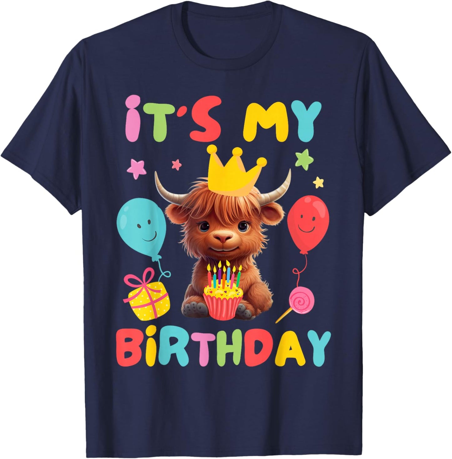 It's My Birthday Boy Girl Kid Cute Highland Cow Birthday T-Shirt - T-Shirt | Navy